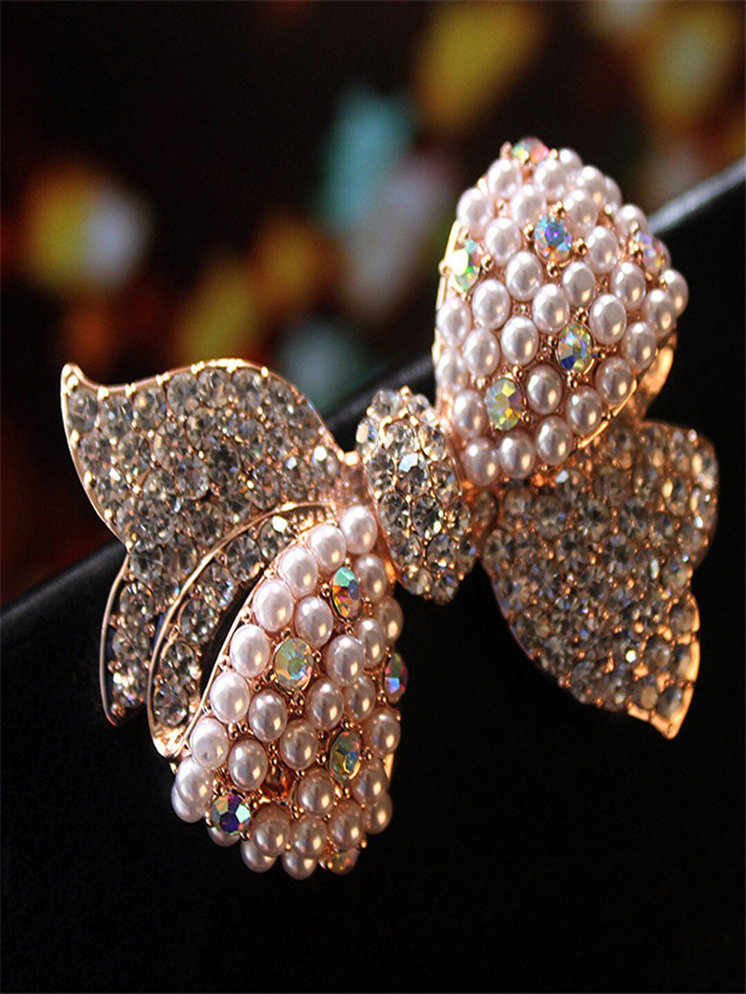 

UNIVERSITY TRENDZ Women Gold-Plated Crystal & Pearl Studded Bow Knot Brooch