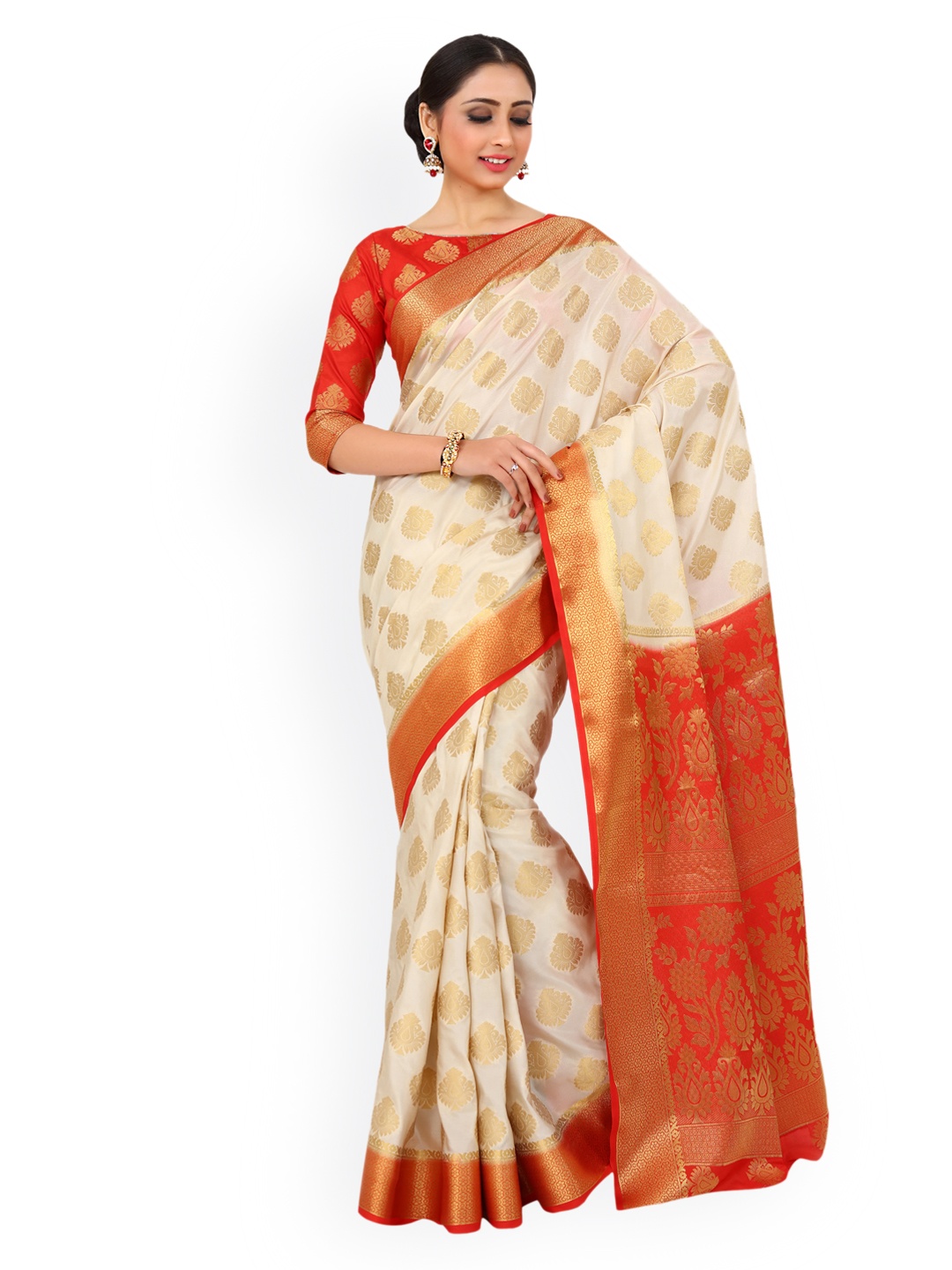 

MIMOSA Beige & Red Art Silk Woven Design Kanjeevaram Saree