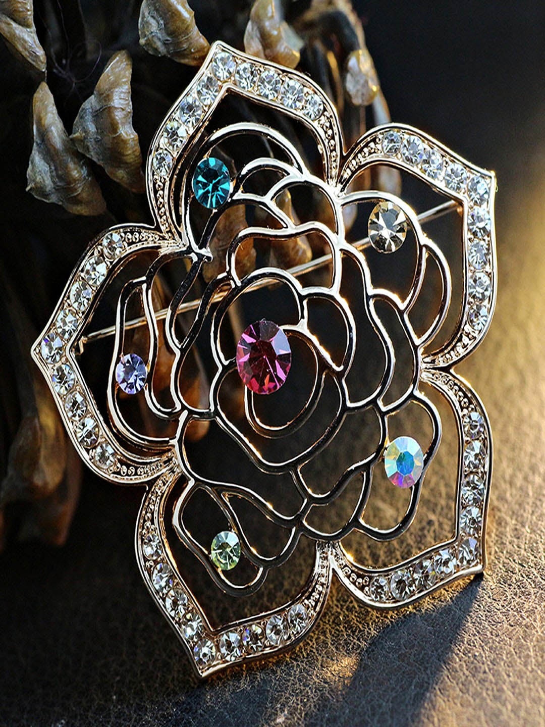 

UNIVERSITY TRENDZ Women Crystal Studded Flower Brooch, Gold