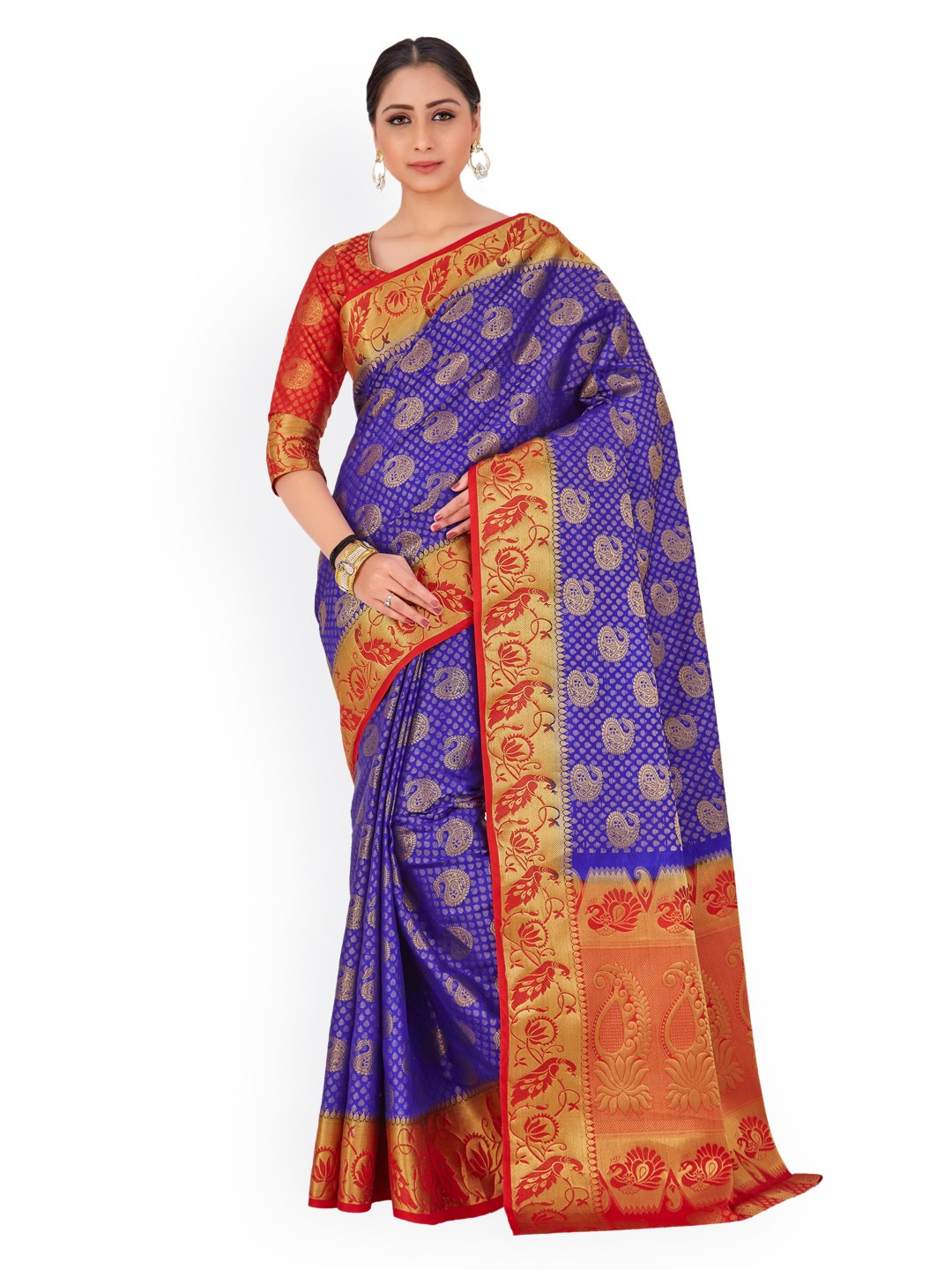 

MIMOSA Blue & Red Art Silk Woven Design Kanjeevaram Saree