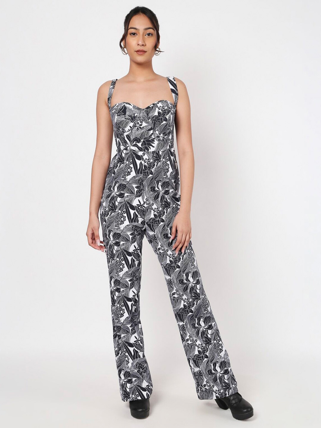

LIYOKKI Floral Printed Sweetheart Neck Basic Jumpsuit, Black