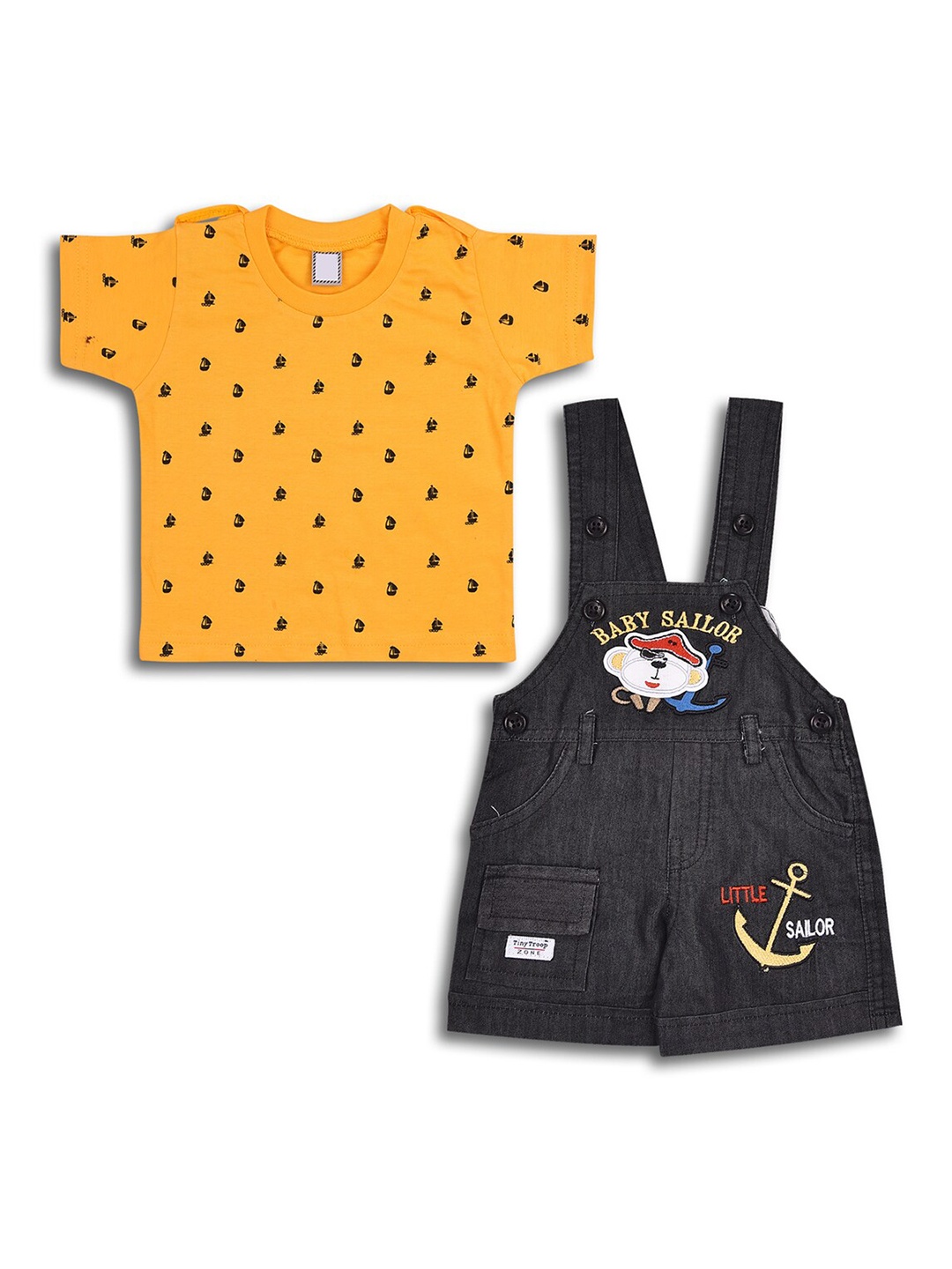 

Wish Karo Infant Boys Graphic Embroidered Straight Leg Fit Dungaree With Cotton T-Shirt, Yellow