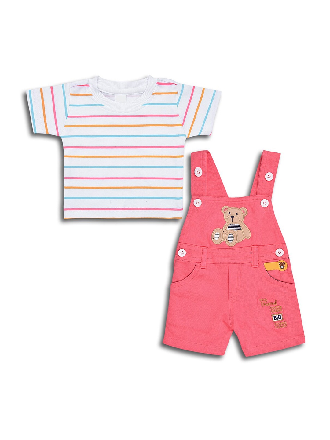 

Wish Karo Infants Boys Graphic Embroidered Dungaree With Striped T-shirt, Peach