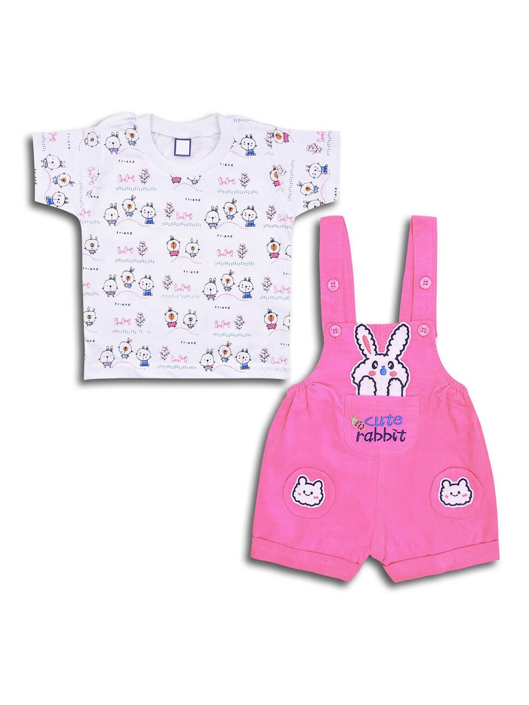 

Wish Karo Infant Boys Conversational Embroidered Straight Leg Fit Dungaree With T-Shirt, Pink