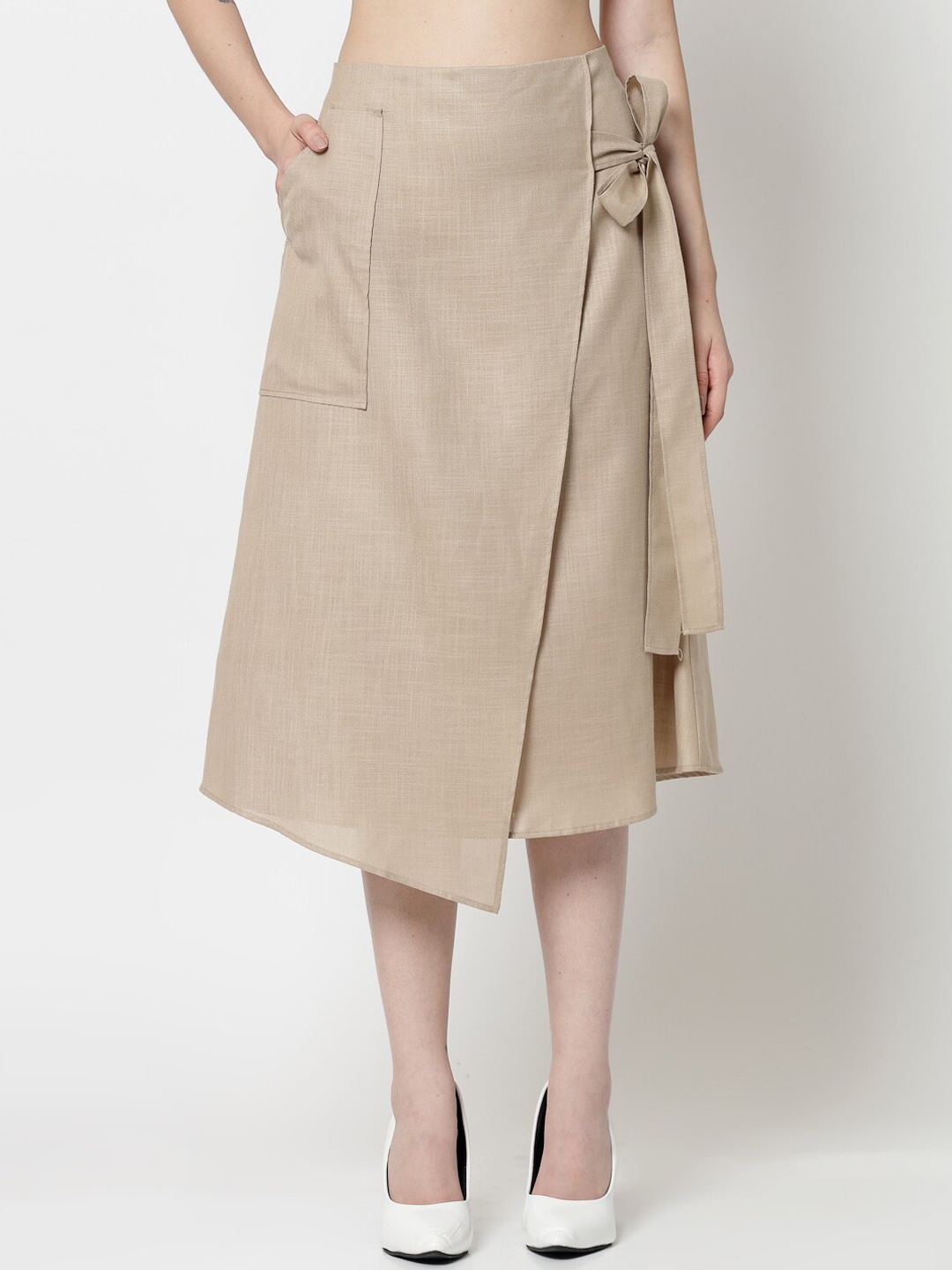 

OFFICE & YOU Linen Flared Knee-Length Wrap Skirt, Beige