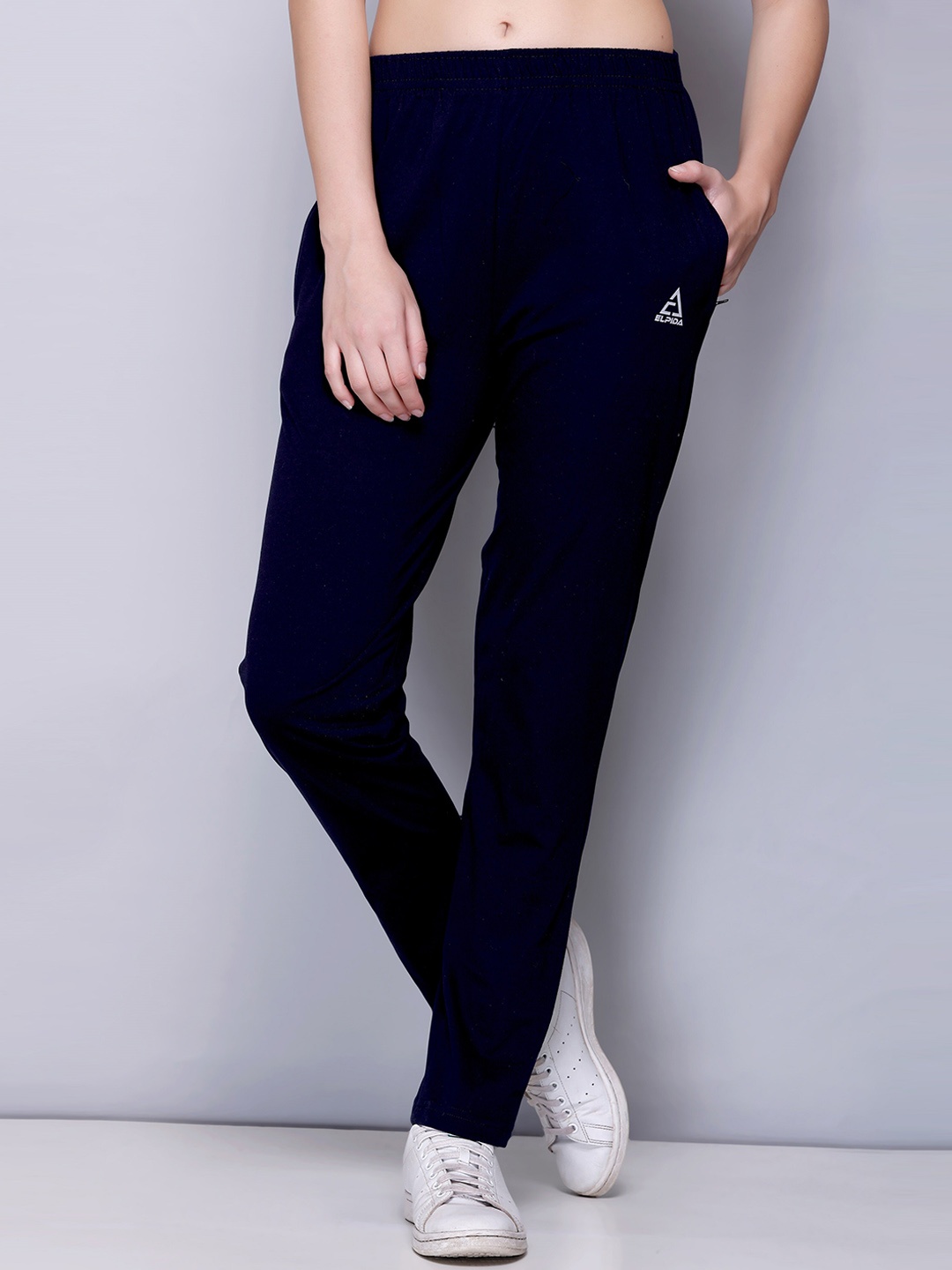 

ELPIDA Women Mid-Rise Regular Fit Cotton Track Pants, Navy blue