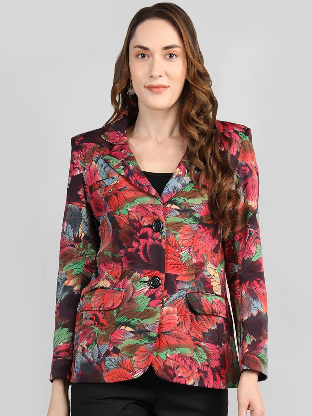 

CHKOKKO Floral Printed Single Breasted Stylish Coat, Red