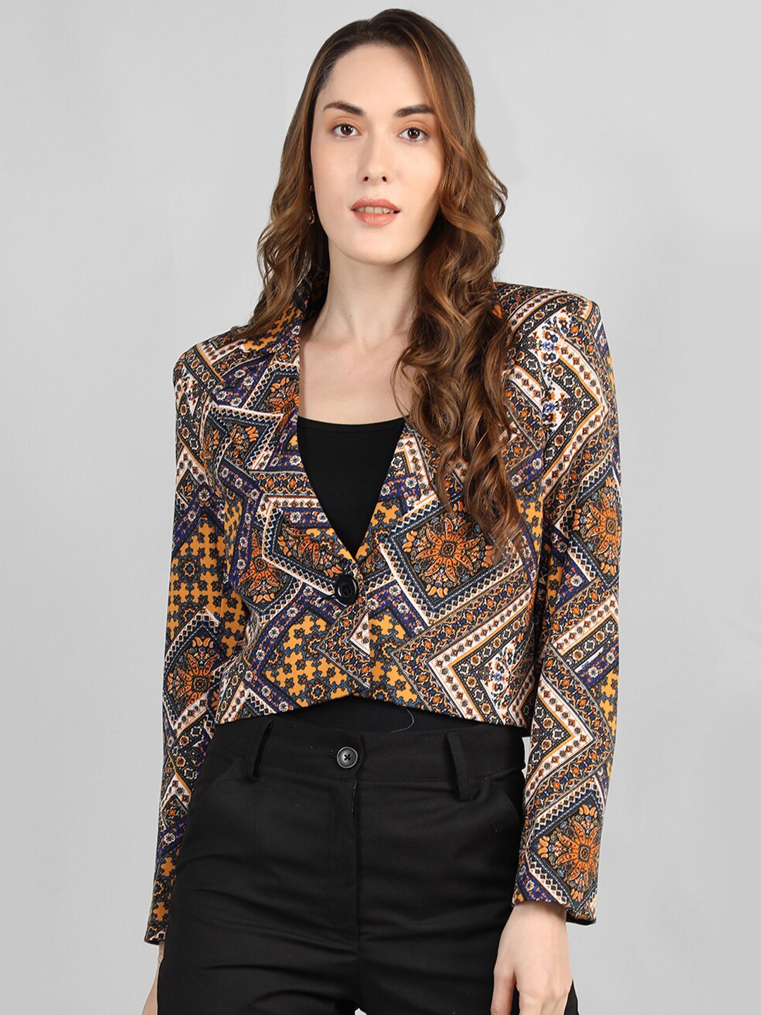 

CHKOKKO Ethnic Motifs Printed Single-Breasted Crop Casual Blazer, Mustard