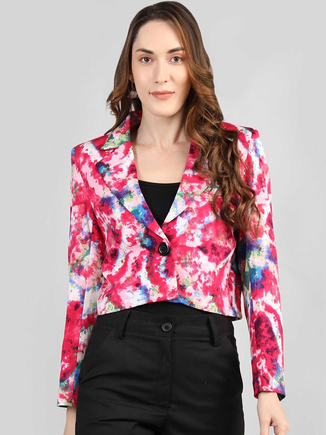 

CHKOKKO Printed Notched Lapel Crop Single-Breasted Blazer, Pink