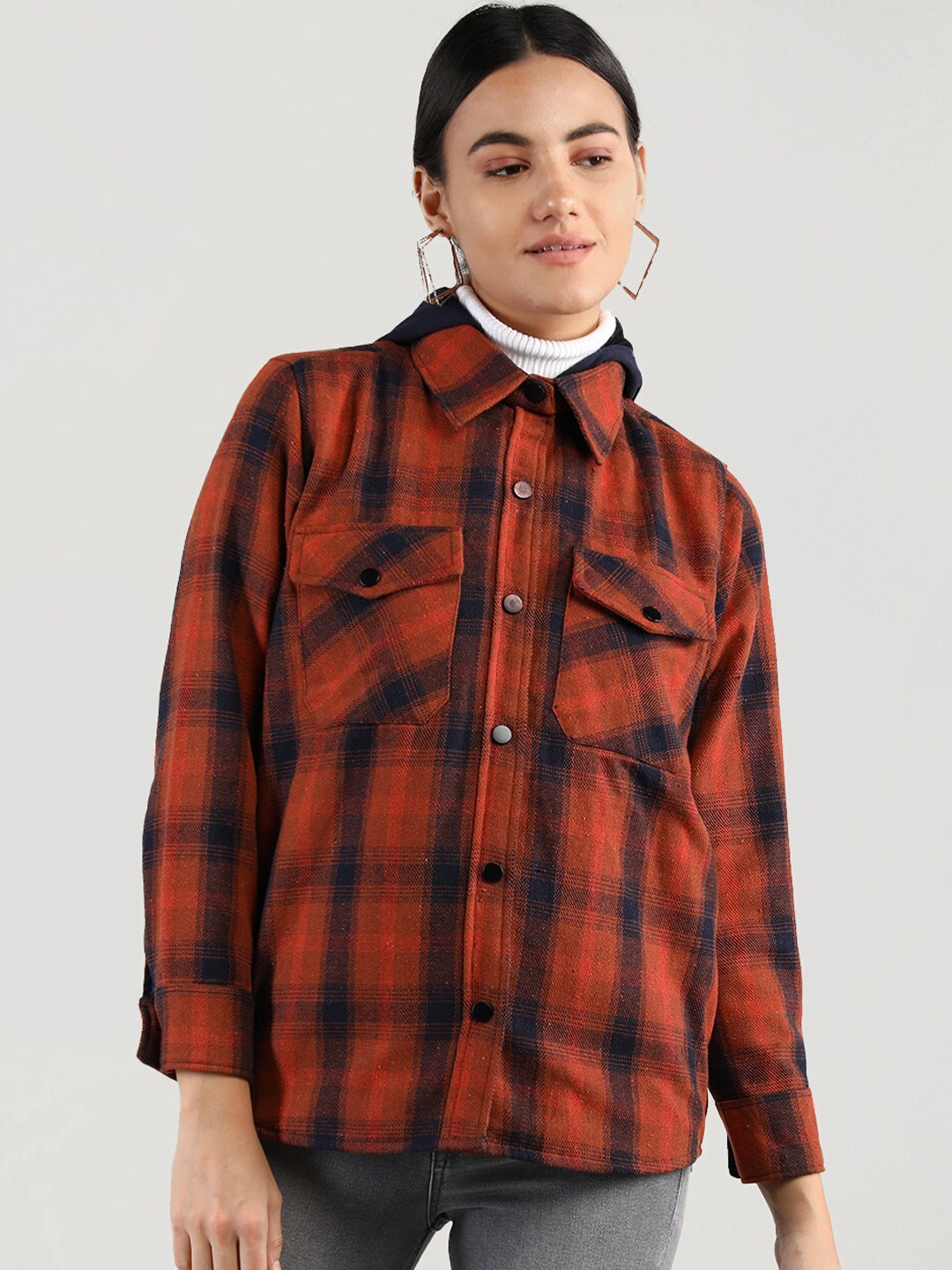 

CHKOKKO Checked Single-Breasted Stylish Overcoat, Rust