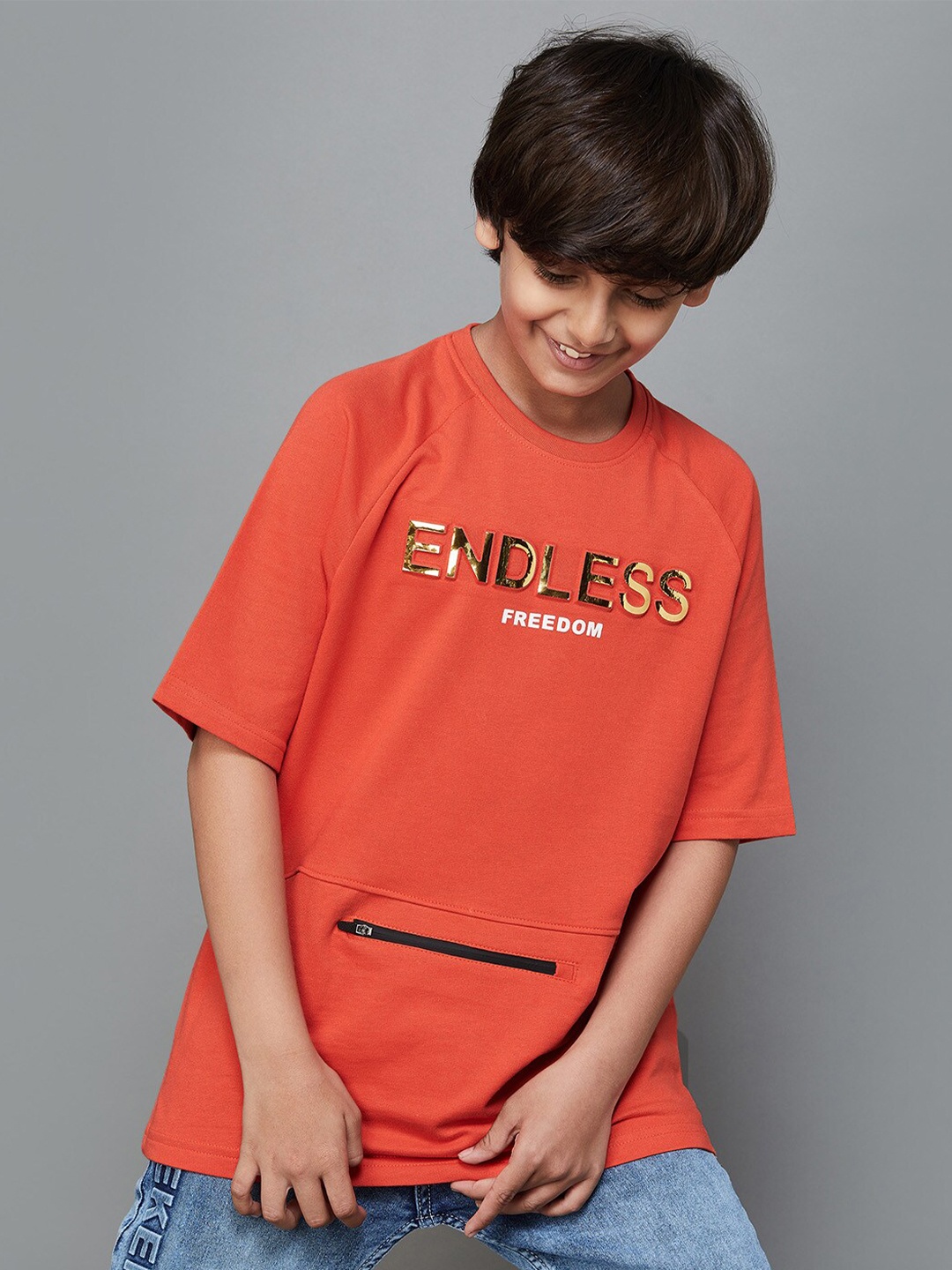 

Fame Forever by Lifestyle Boys Typography Print Drop Shoulder Sleeves Pure Cotton T-shirt, Orange
