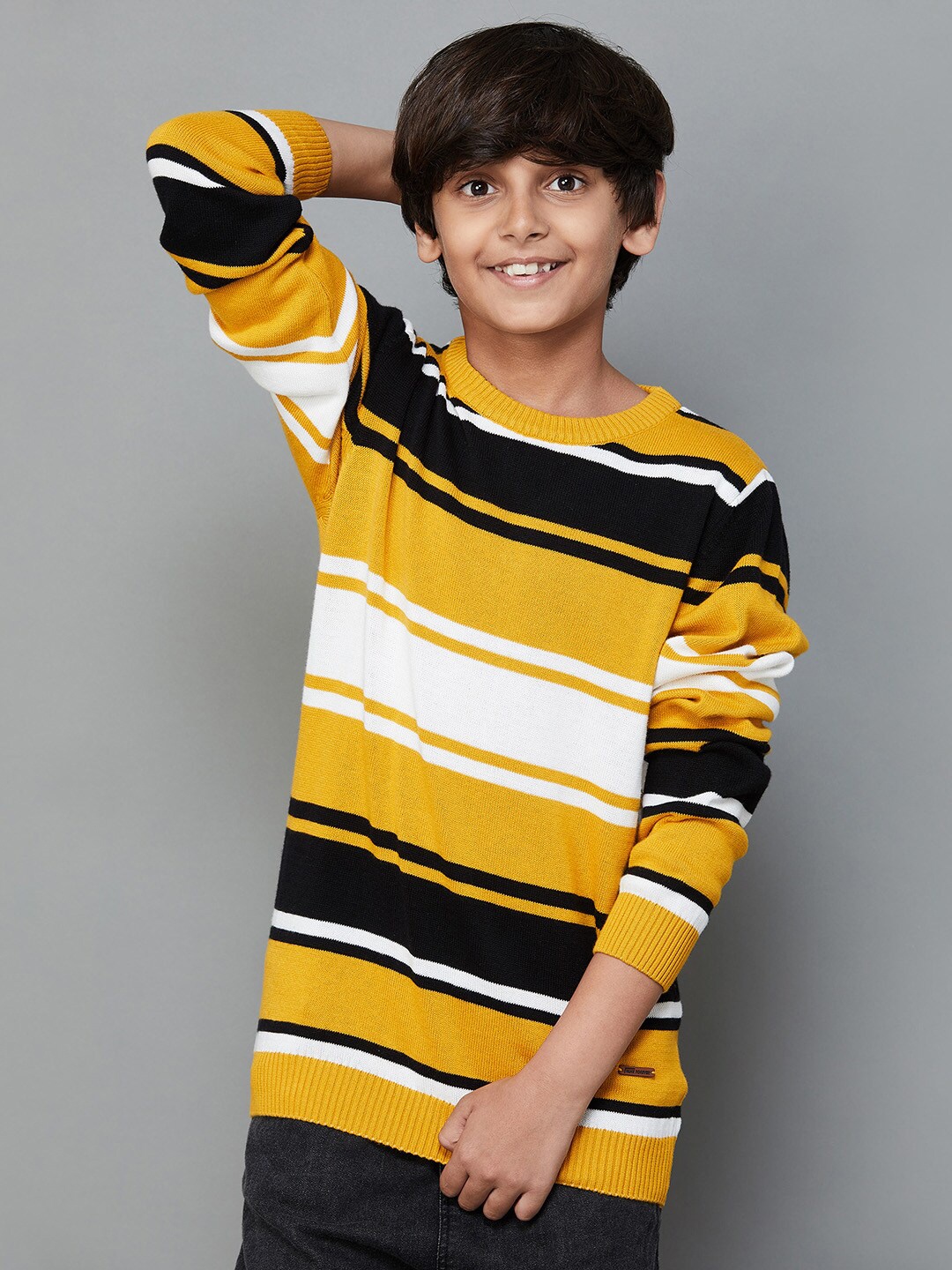 

Fame Forever by Lifestyle Boys Striped Pure Cotton Pullover Sweaters, Mustard