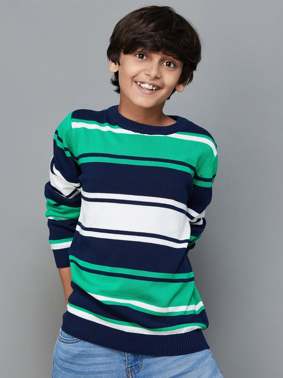 

Fame Forever by Lifestyle Boys Striped Pure Cotton Pullover, Navy blue