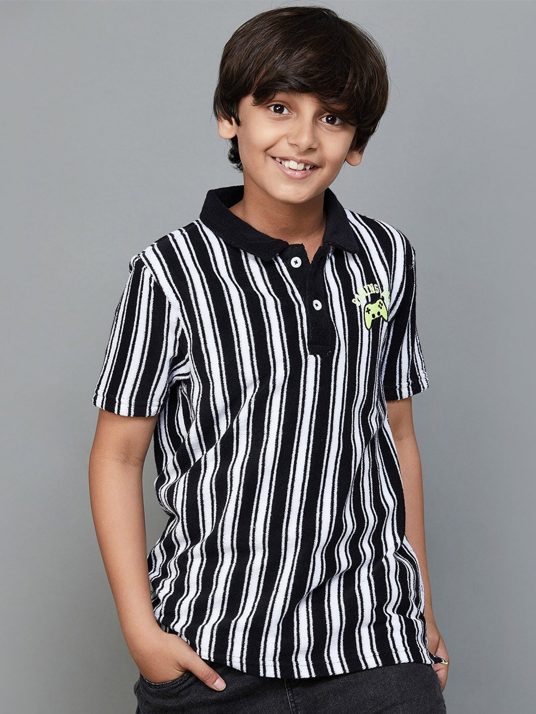 

Fame Forever by Lifestyle Boys Striped Polo Collar Pure Cotton T-shirt, Black