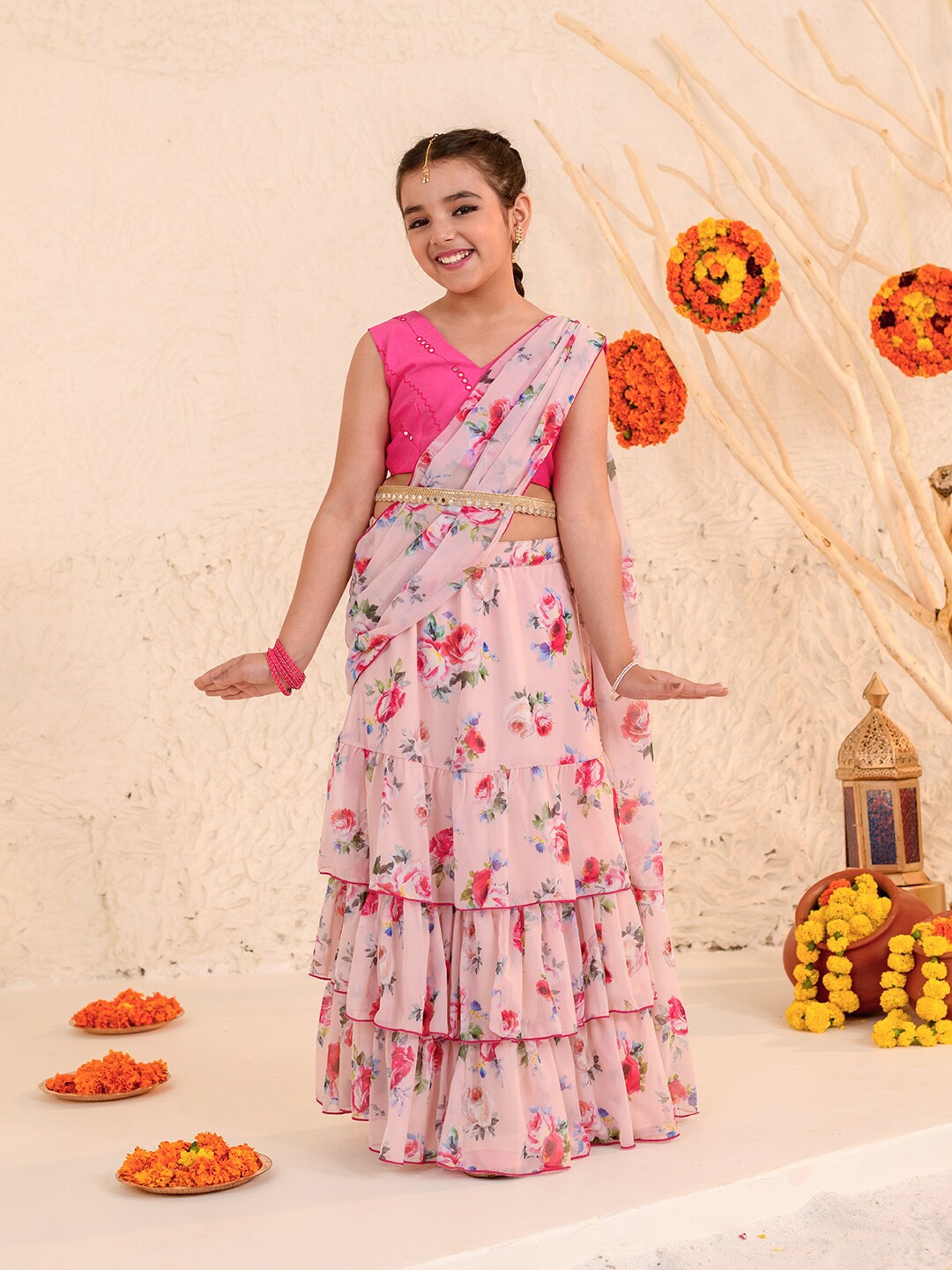 

pspeaches Girls Printed Ready to Wear Lehenga Choli, Pink