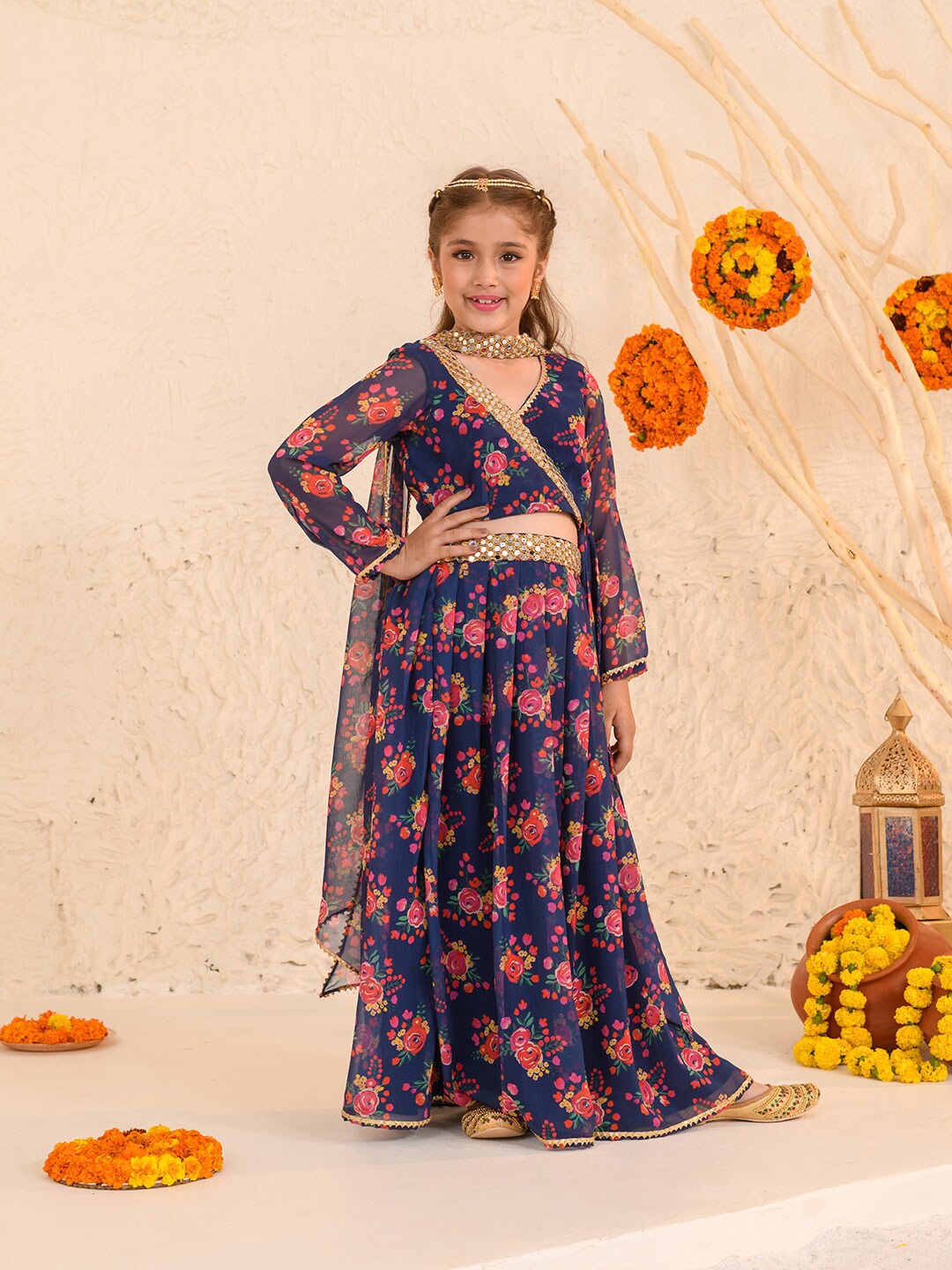 

pspeaches Girls Printed Ready to Wear Lehenga & Blouse With Dupatta, Navy blue