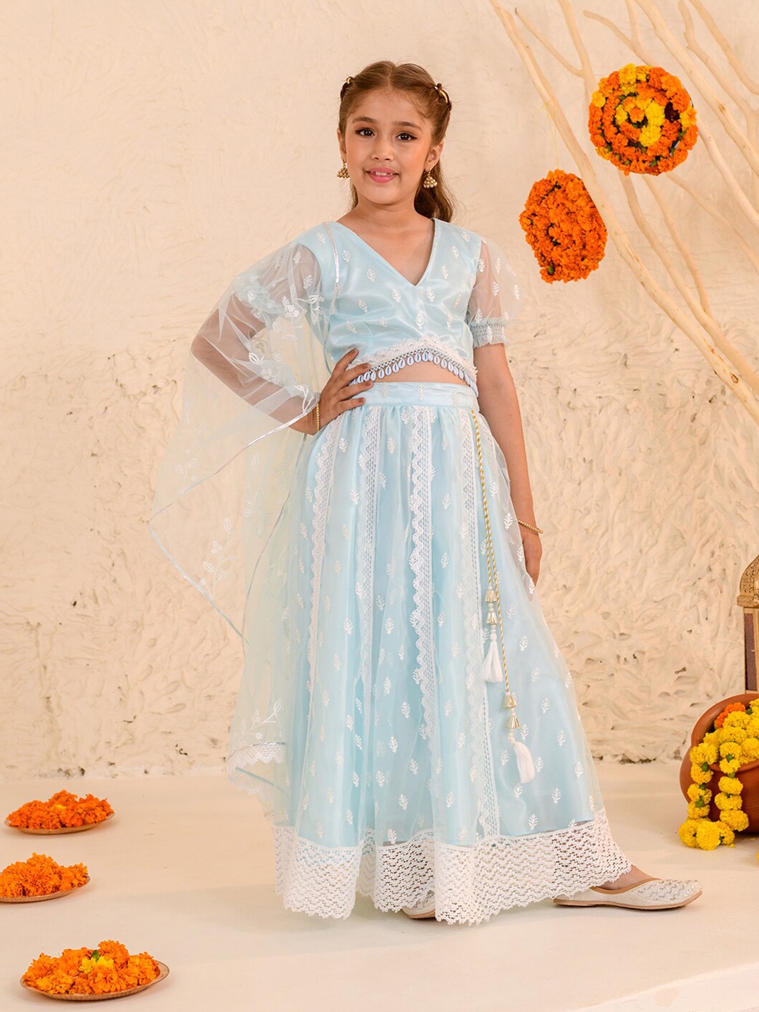 

pspeaches Girls Embroidered Thread Work Ready to Wear Lehenga & Blouse With Dupatta, Blue