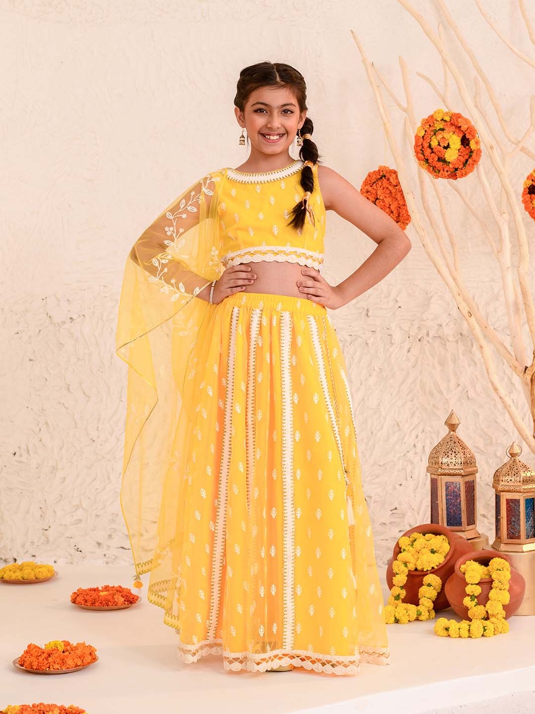 

pspeaches Girls Embroidered Thread Work Net Ready to Wear Lehenga & Blouse With Dupatta, Yellow