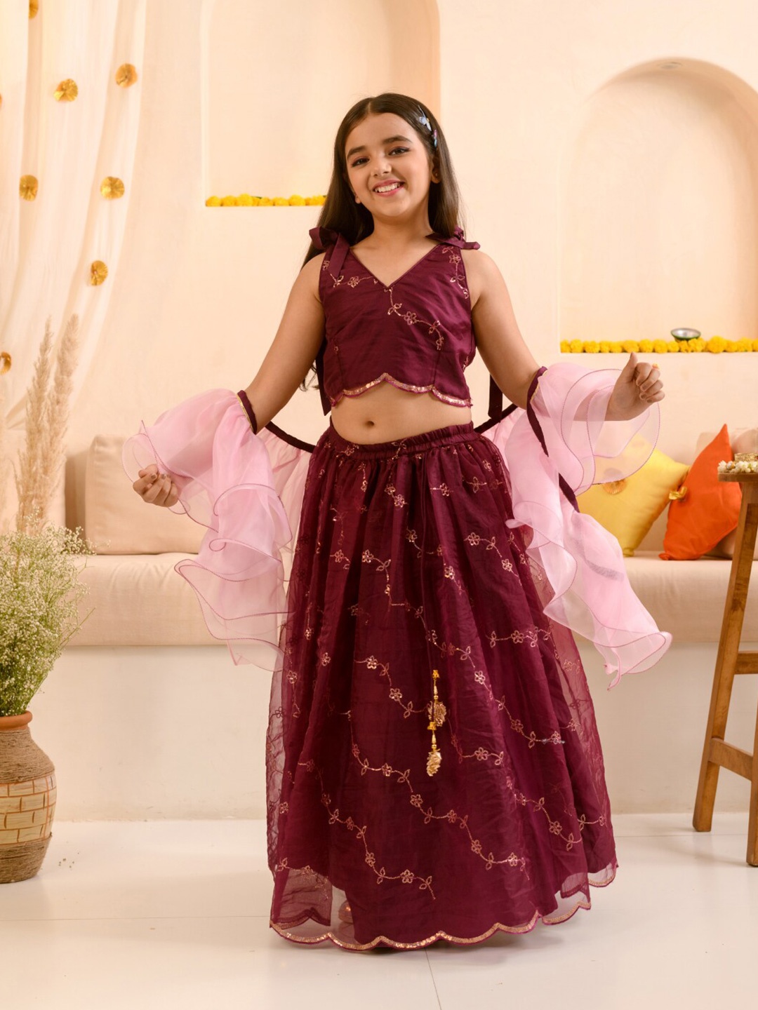 

pspeaches Girls Embellished Sequinned Ready to Wear Lehenga & Blouse With Dupatta, Burgundy