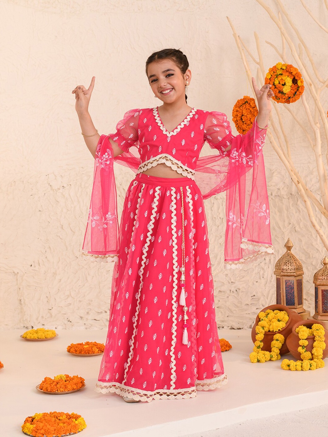 

pspeaches Girls Embroidered Thread Work Ready to Wear Lehenga & Blouse With Dupatta, Pink