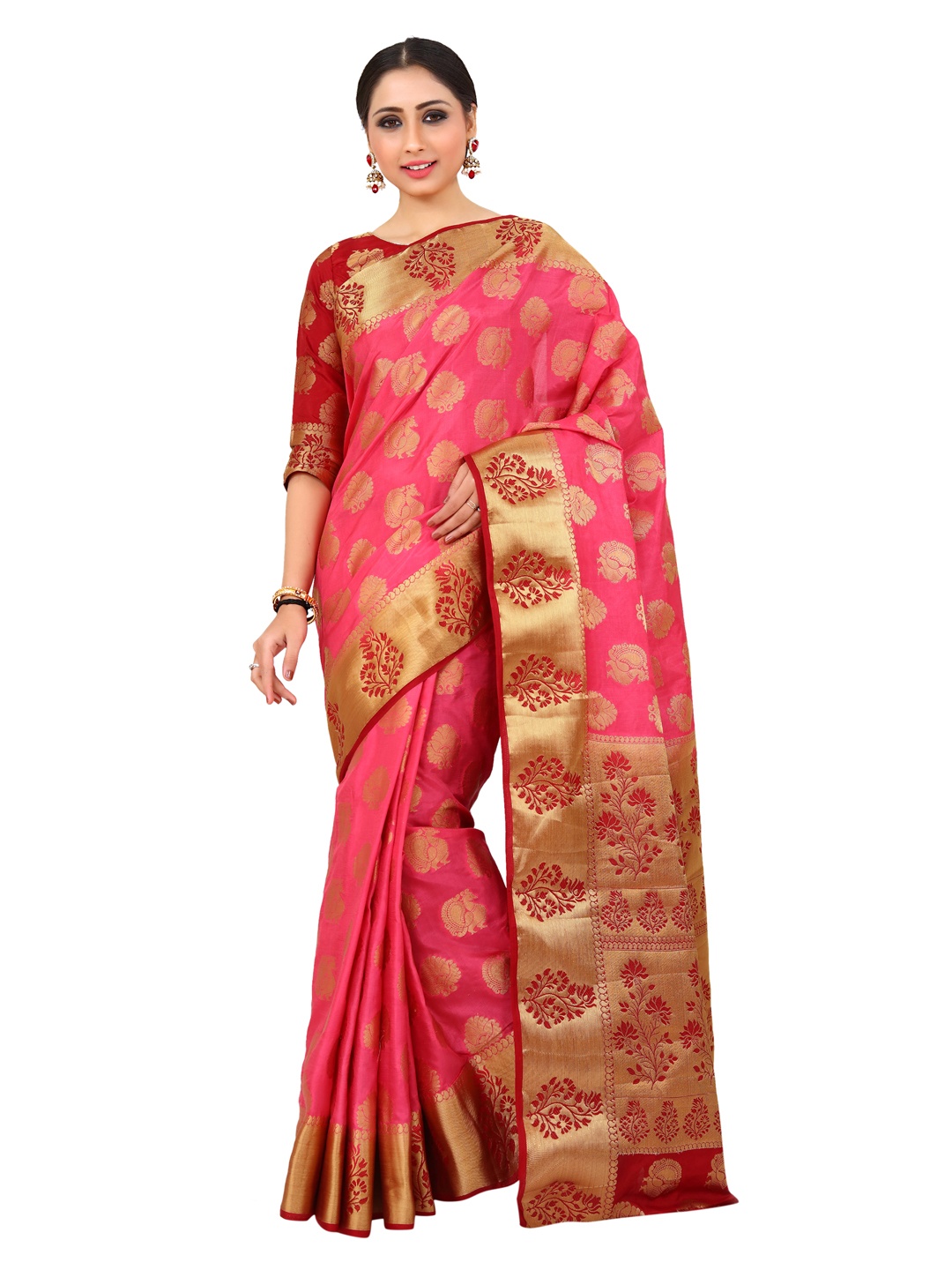 

MIMOSA Coral & Gold-Toned Art Silk Embellished Kanjeevaram Saree