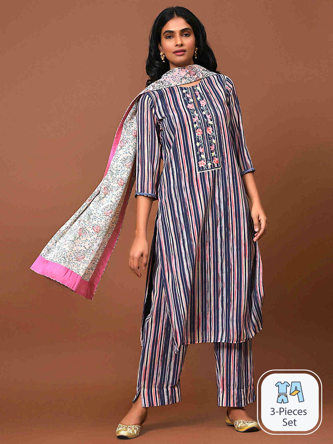 

NUHH Striped Regular Georgette Kurta With Trousers & Dupatta, Blue