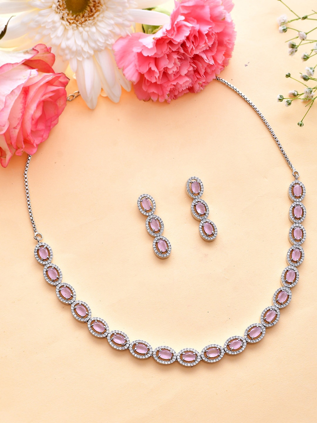

Voylla Rhodium-Plated CZ Studded Jewellery Set, Silver