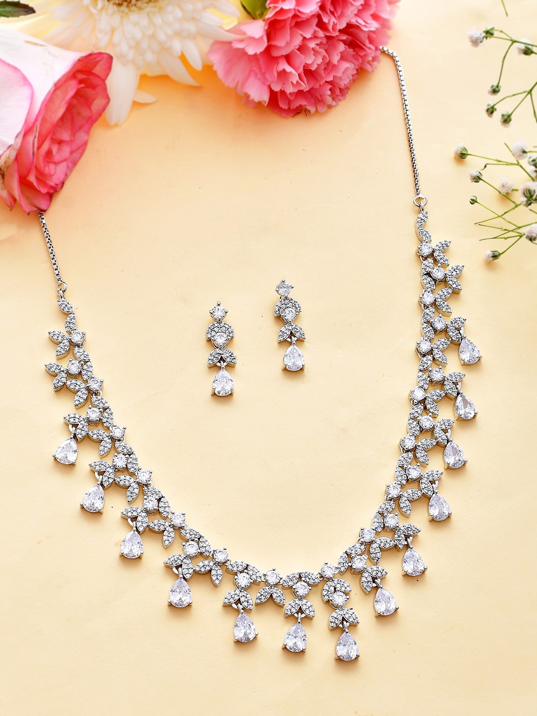 

Voylla Rhodium-Plated Cubic Zirconia Studded Jewellery Set, Silver