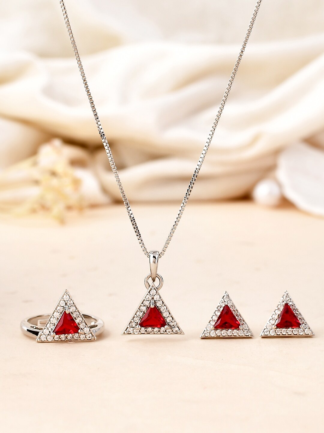 

Voylla Rhodium-Plated Cubic Zirconia Studded Jewellery Set, Silver