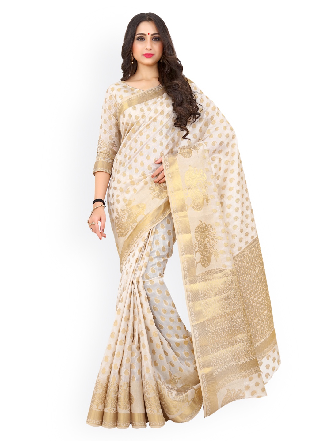 

MIMOSA Off-White & Gold-Toned Art Silk Woven Design Kanjeevaram Saree
