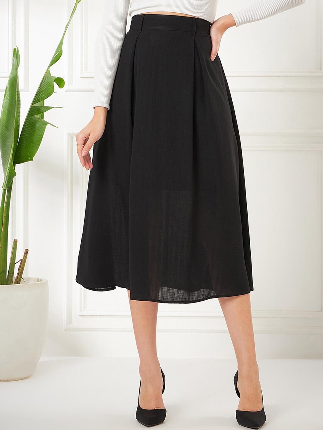 

Kibo Pleated Flared A-Line Midi Skirt, Black