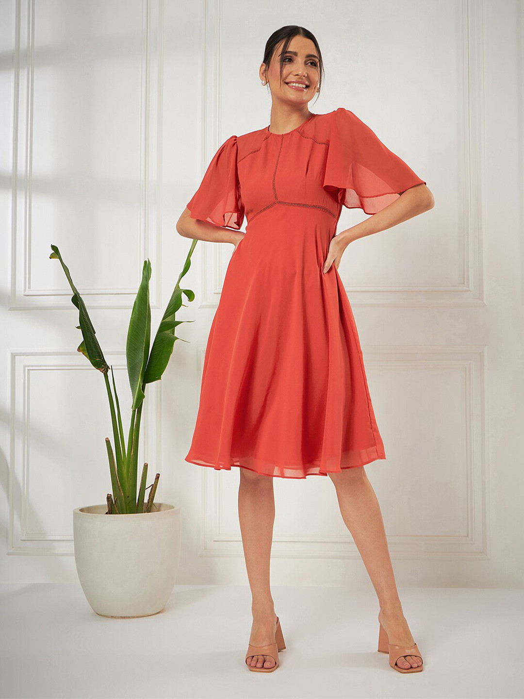 

Kibo Round Neck Flared Sleeve Fit & Flare Dress, Orange