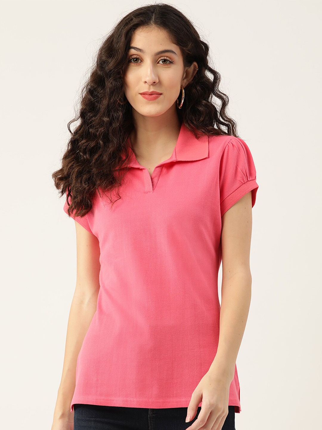 

urSense V-Neck Puffed Sleeves Pure Cotton Casual T-Shirt, Pink