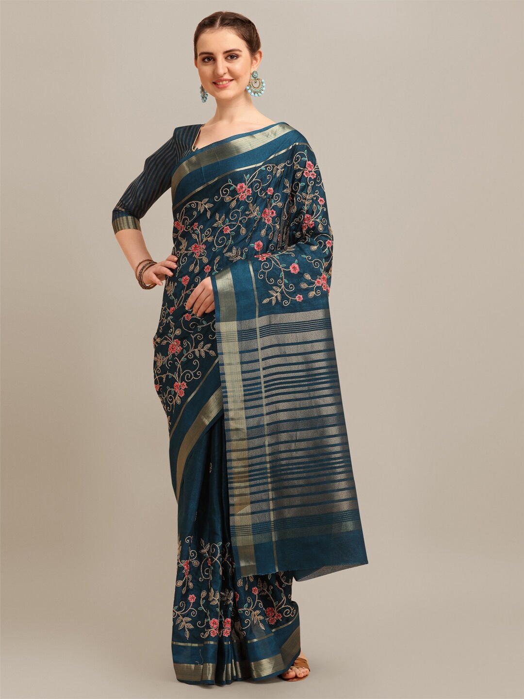 

Mitera Blue, Pink & Gold-Toned Floral Embroidered Zari Silk Cotton Saree