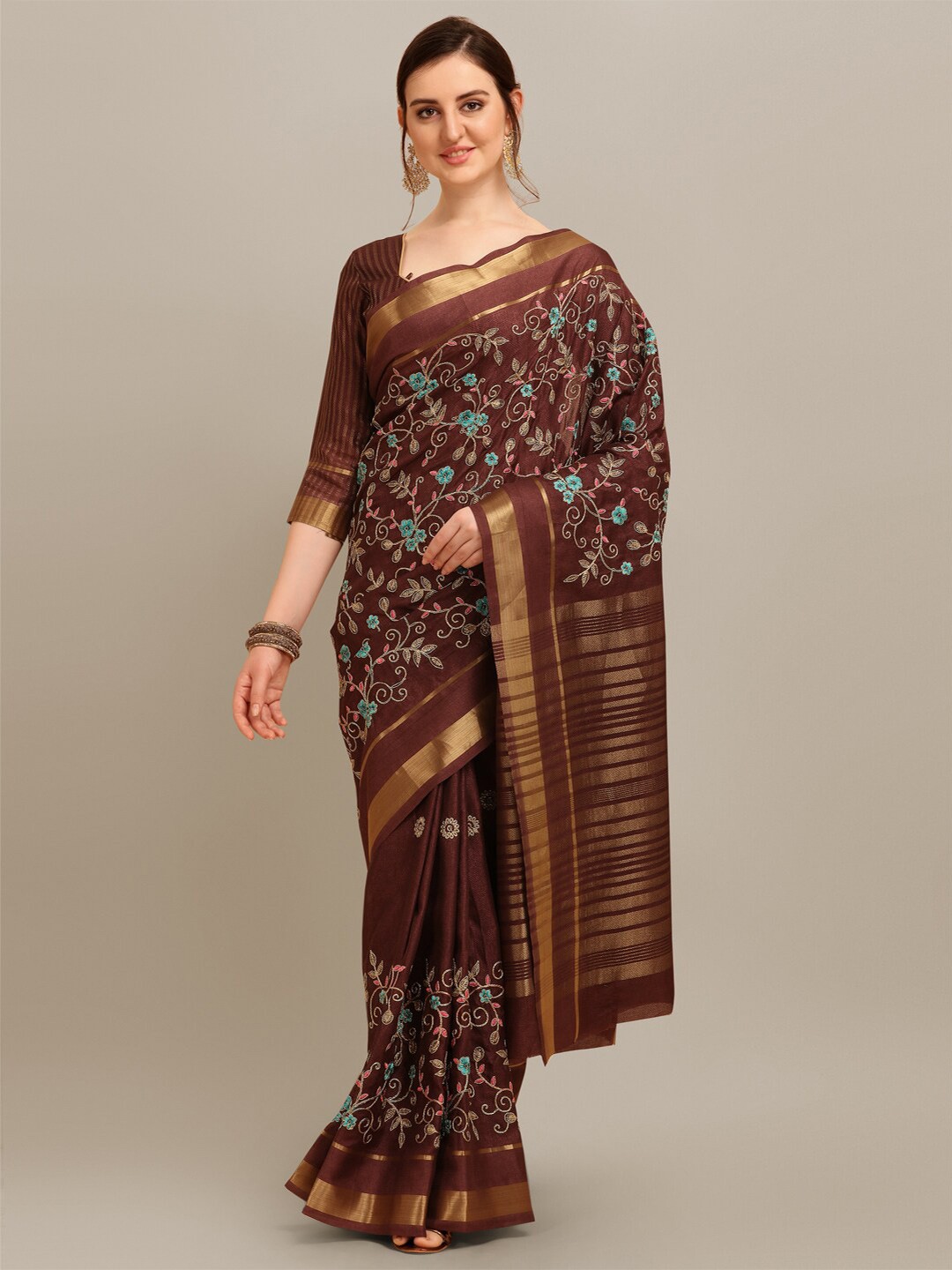 

Mitera Brown & Blue Floral Embroidered Zari Silk Cotton Saree