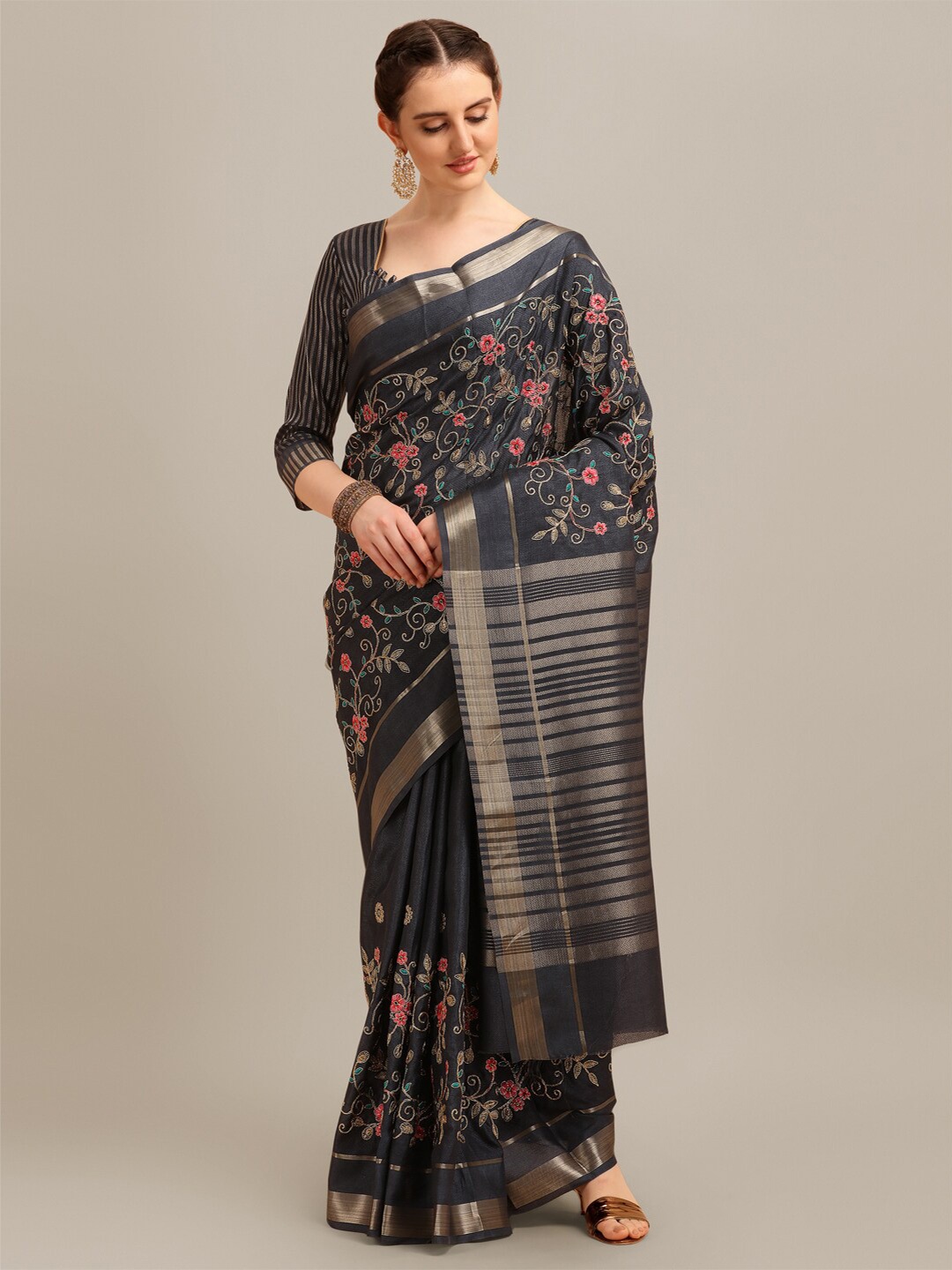 

Mitera Grey & Pink Floral Zari Silk Cotton Saree