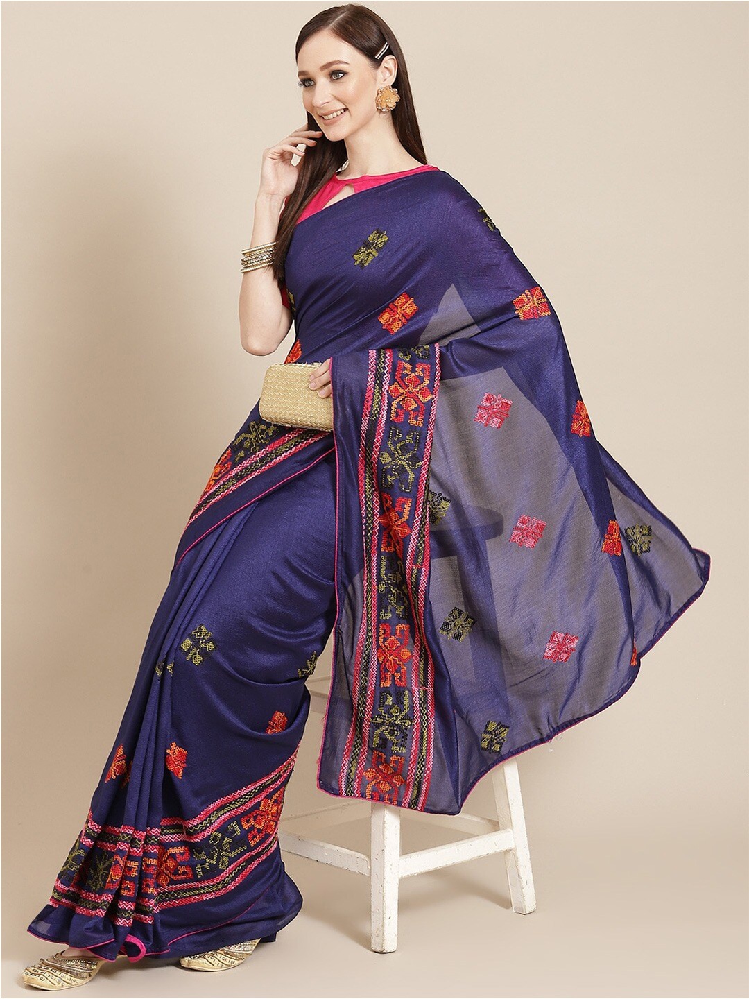 

Mitera Ethnic Motifs Embroidered Saree, Blue