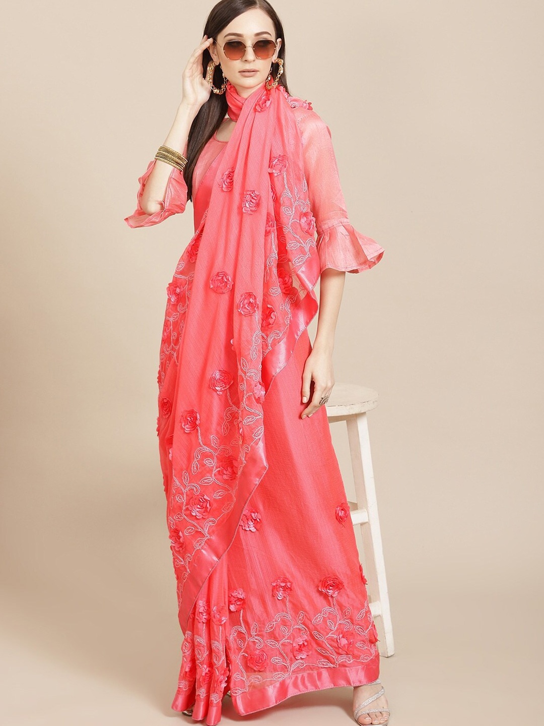 

Mitera Pink Floral Embroidered Pure Chiffon Saree