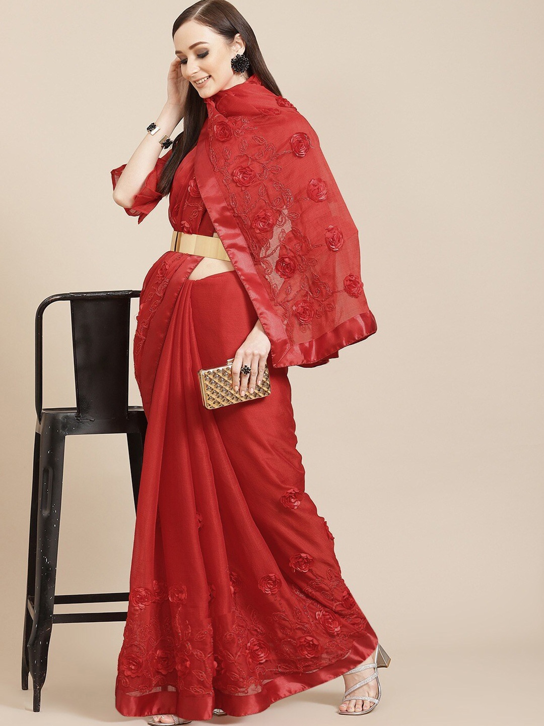 

Mitera Floral Embroidered Saree, Red