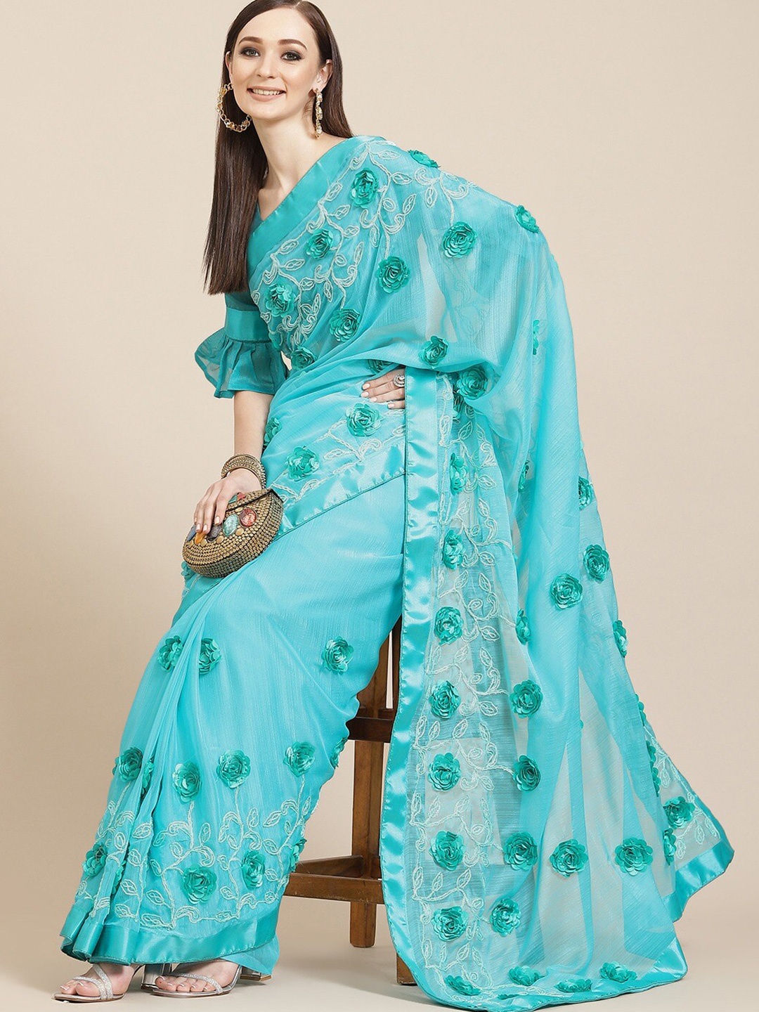 Mitera Blue Floral Embellished Embroidered Pure Chiffon Saree