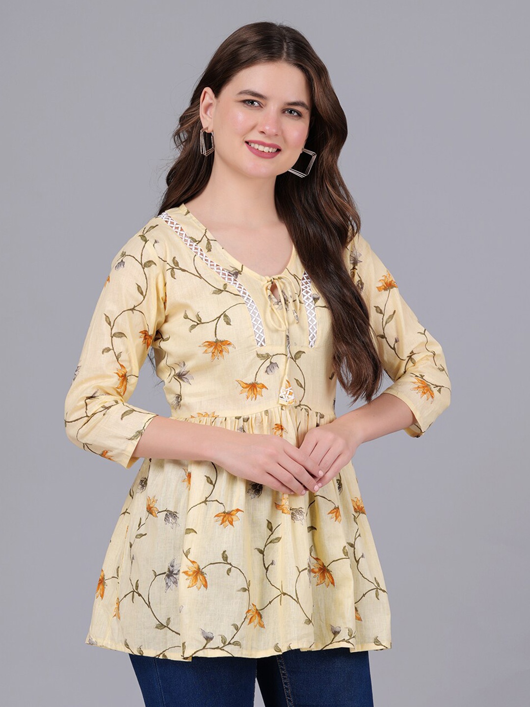 

KPF Floral Printed A-Line Cotton Top, Yellow