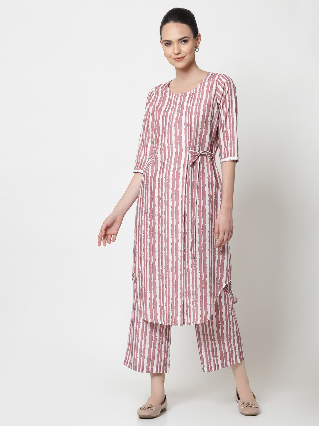 

OFFICE & YOU Striped Round Neck Cotton Tunic With Side Tie Knot, Pink