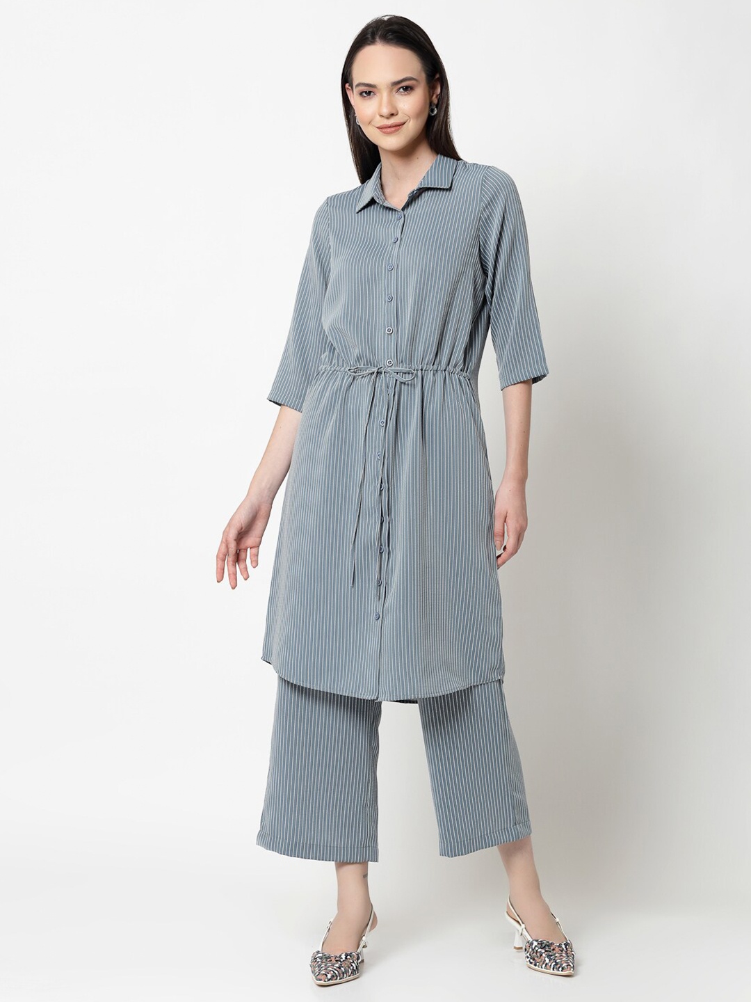 

OFFICE & YOU Striped Pure Cotton A Line Kurta, Blue