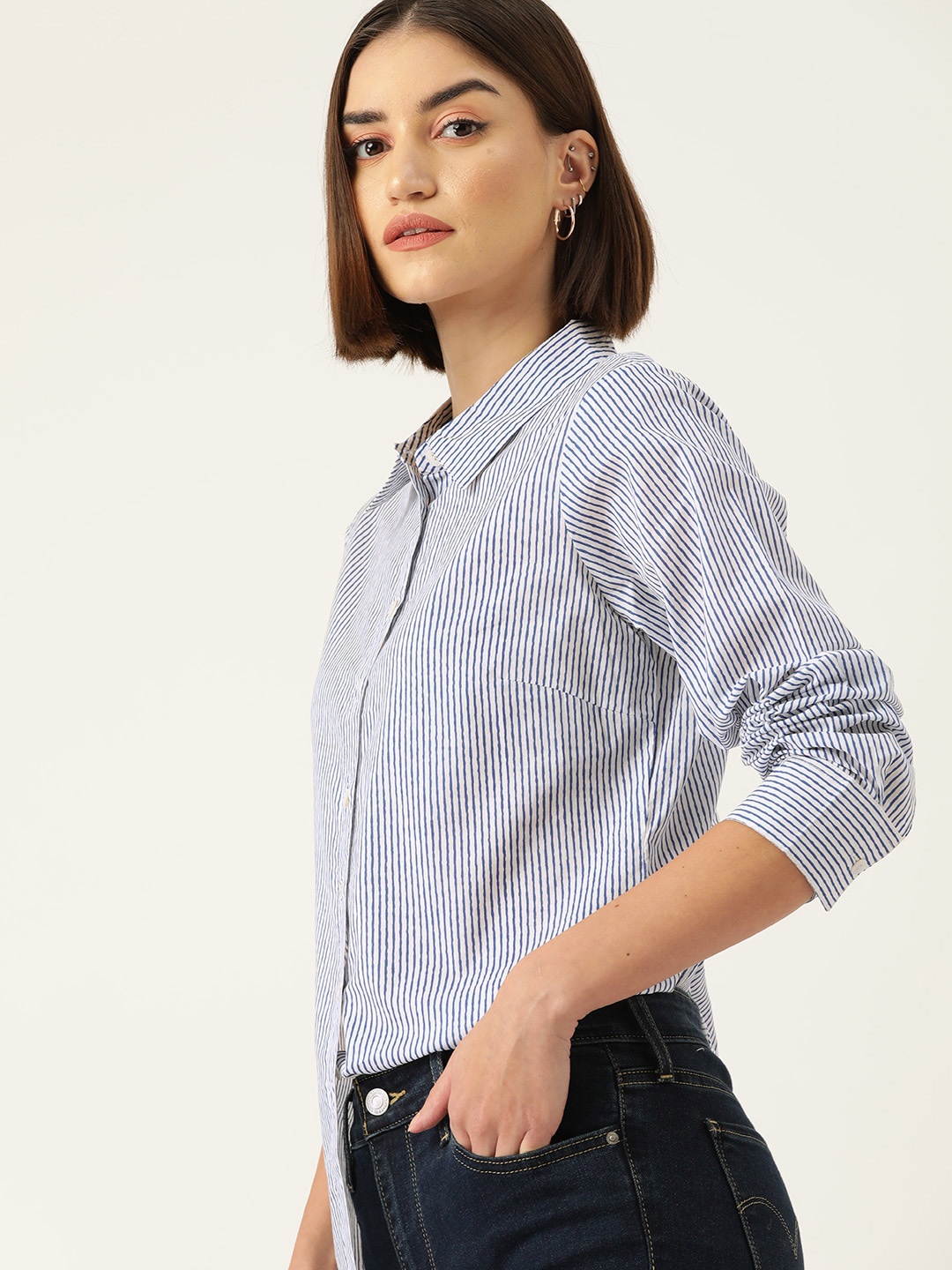 

DressBerry Women Original Pinstripes Cotton Casual Shirt, Blue
