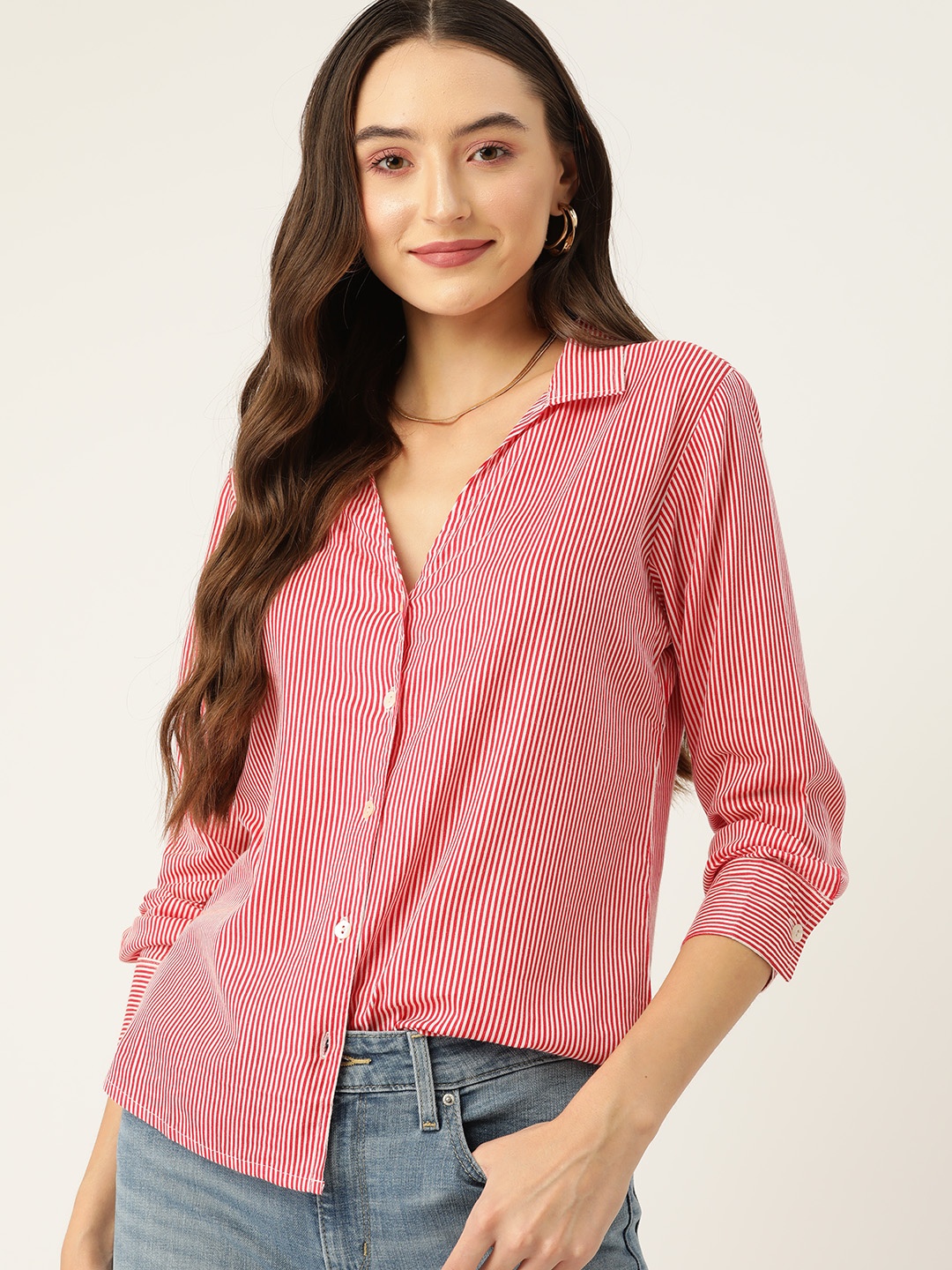 

DressBerry Women Original Pinstripes Cotton Casual Shirt, Red