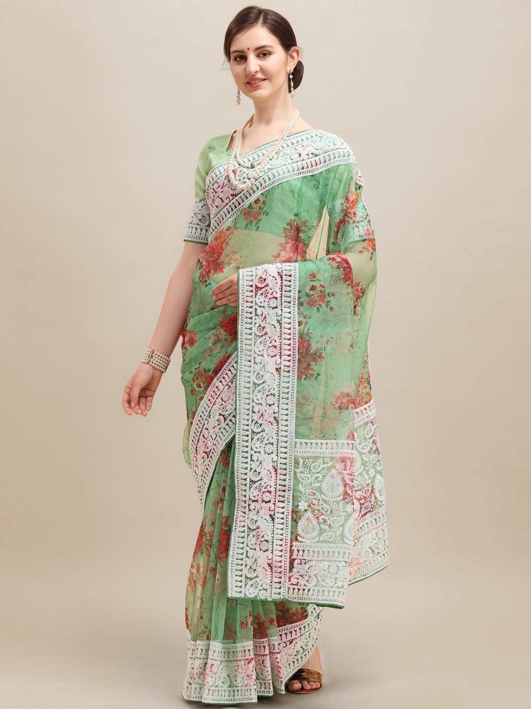 

Mitera Floral Printed Embroidered Organza Saree, Green