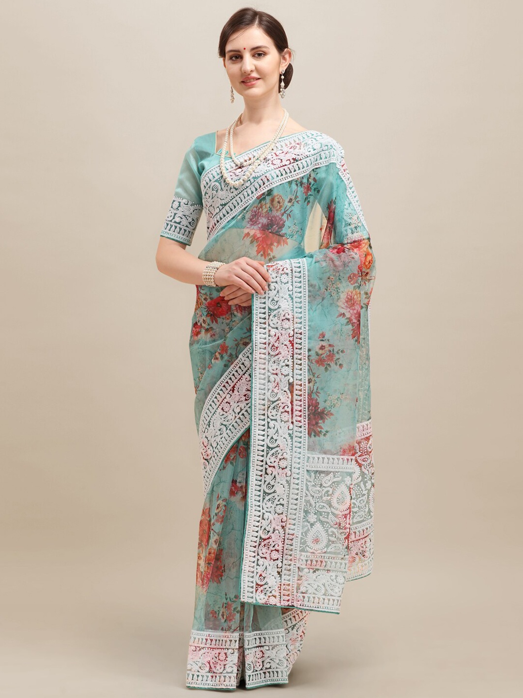 Mitera Floral Printed Embroidered Organza Saree, Turquoise blue