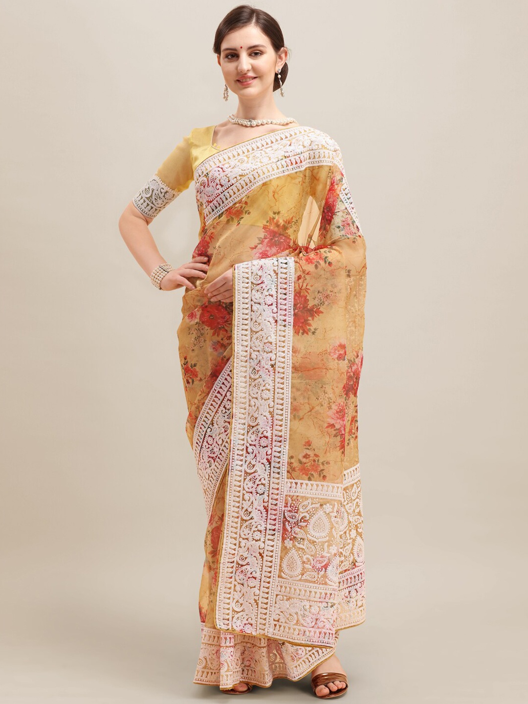 

Mitera Floral Printed Embroidered Organza Saree, Yellow