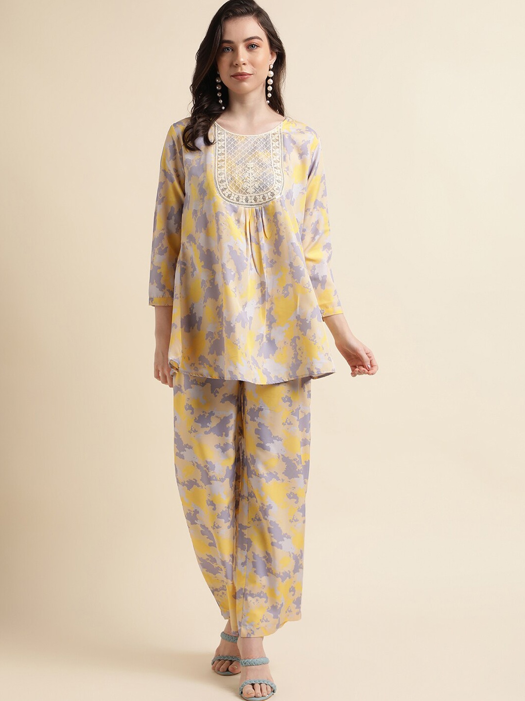 

HERE&NOW Abstract Printed Thread Work Tunic With Trouser Co-Ords, Yellow