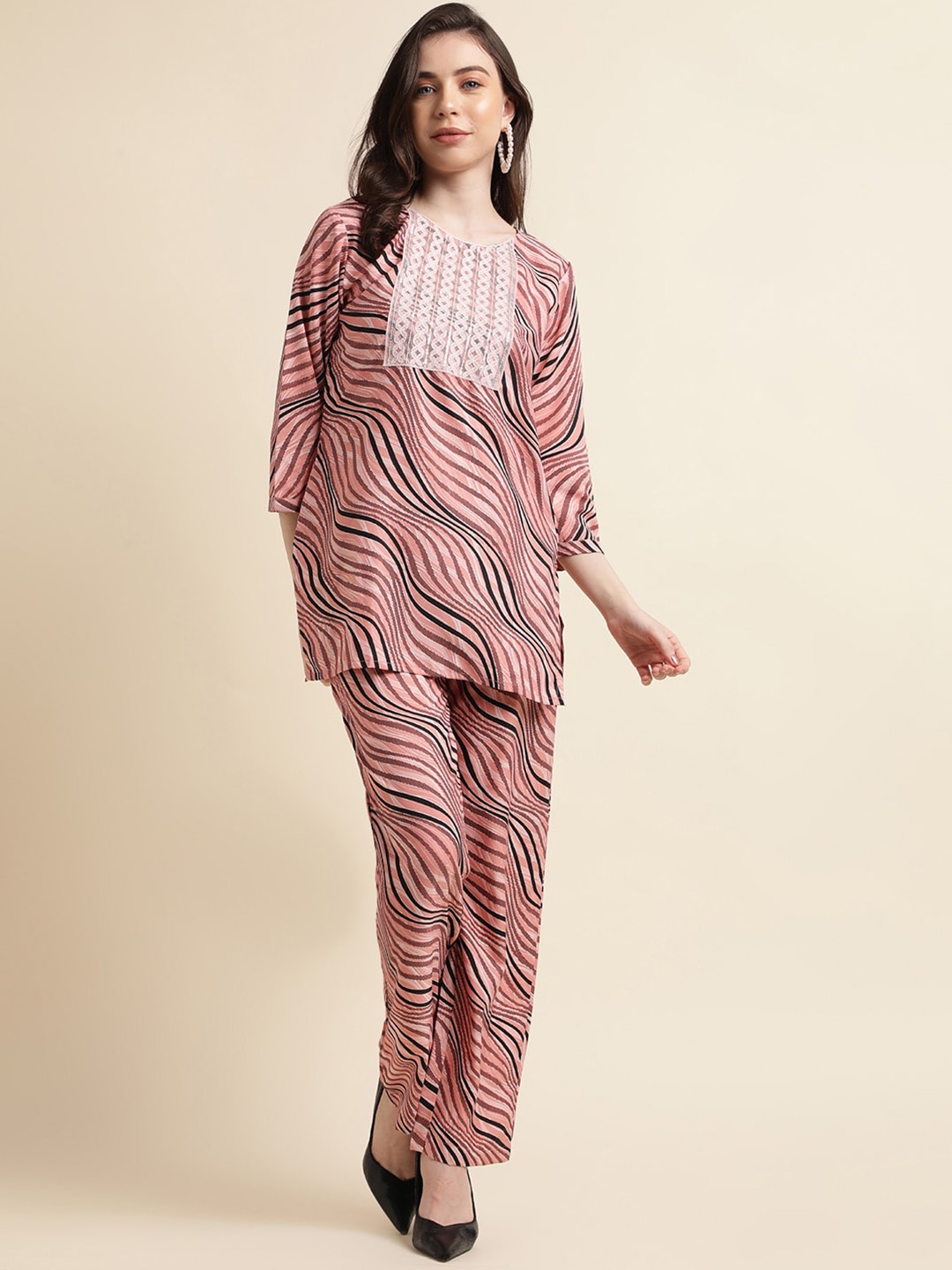 

HERE&NOW Geometric Printed Thread Work Top With Trouser Co-Ords, Peach